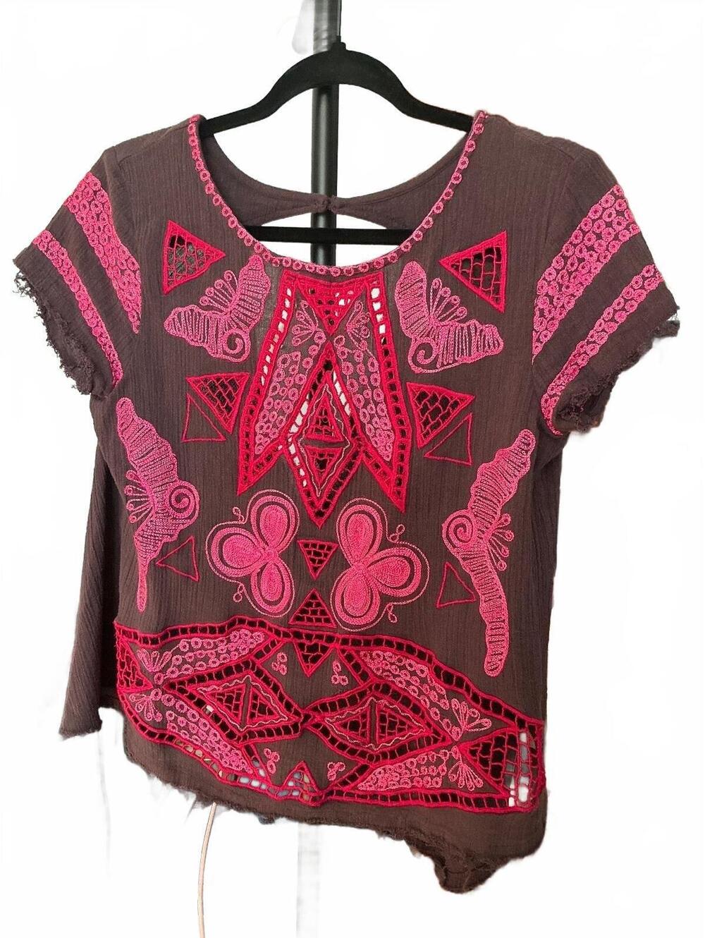 #FP039 Free People New Romantics Embroidered Butterfly Festival Tp, Size XS